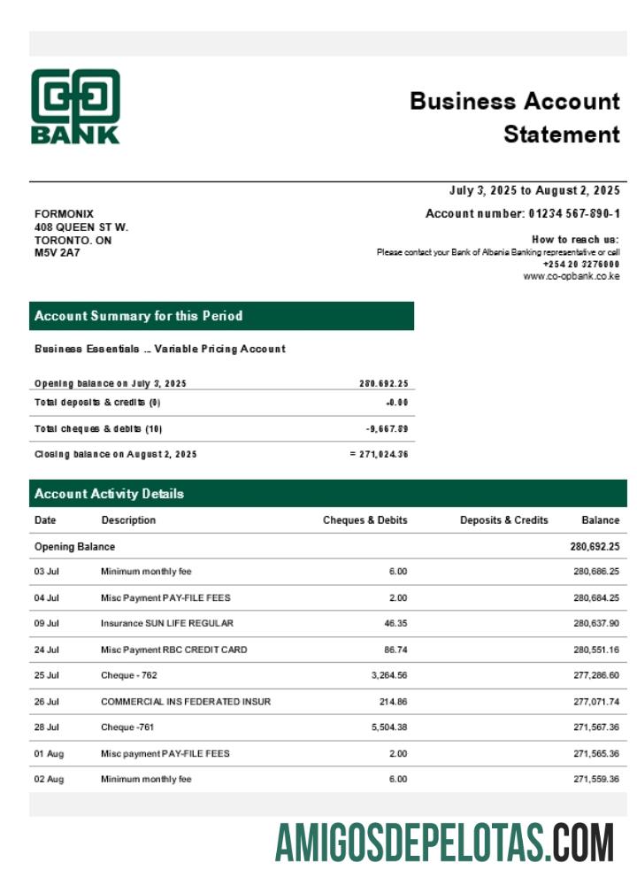 Imprimível Kenyan Co Operative Company Verificando extrato de conta modelo Word e PDF (1)
